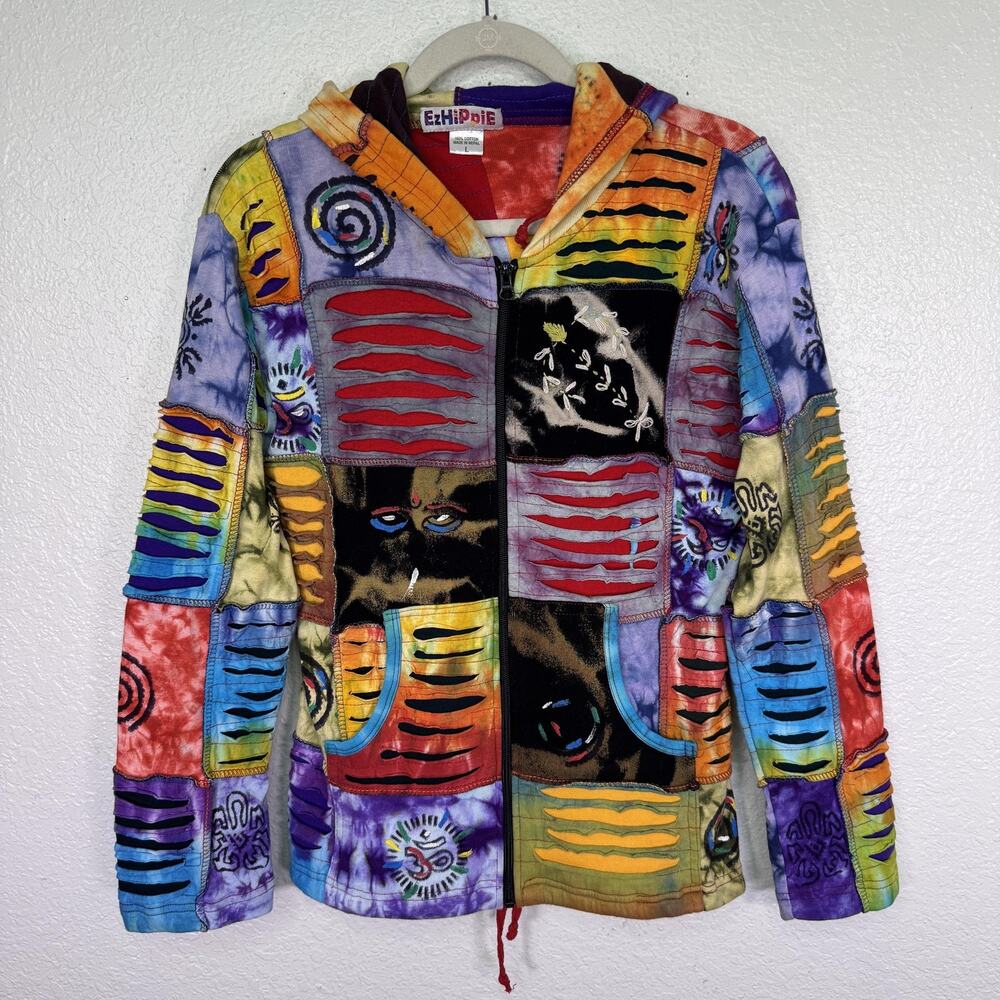 EzHiPPiE Jacket Womens Large Patchwork Boho Hippie Hooded Zip Multicolor Tie Dye